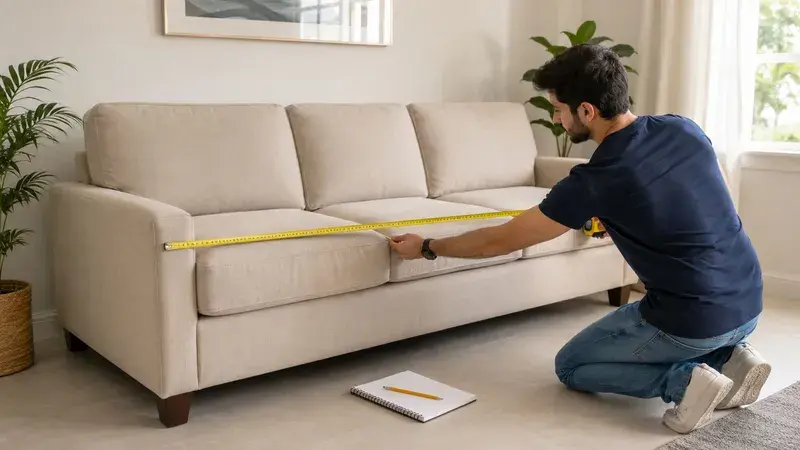 A man kneeling on the floor while using a tape measure to check sofa dimensions for storage.
