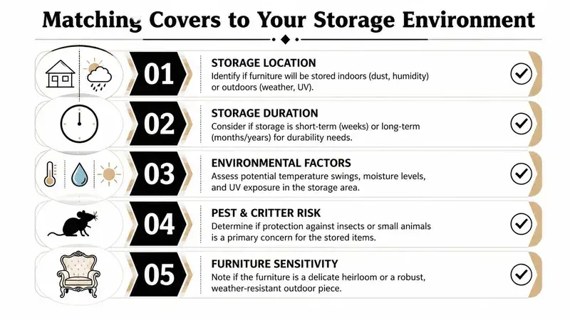 An infographic titled Matching Covers to Your Storage Environment listing five key factors to consider when choosing storage furniture covers.