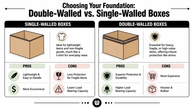 A comparison chart showing the differences between single-walled and double-walled shipping boxes with pros and cons.