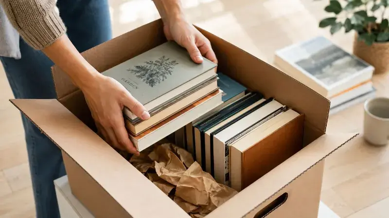 A person places a stack of books into a cardboard box while moving homes in London.