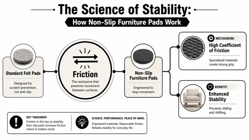 An infographic explaining how non-slip furniture pads increase friction to prevent furniture from sliding and shifting.