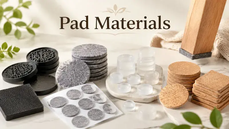 An assortment of furniture pads made from felt, silicone, cork, and rubber on a white marble surface.