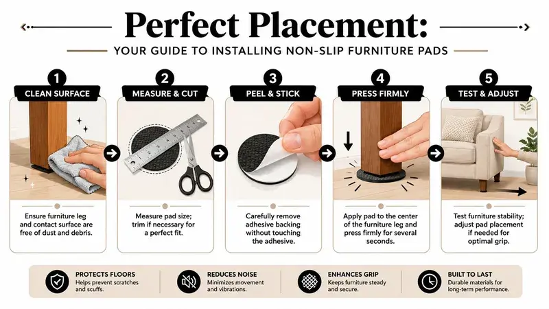 A five-step instructional guide on how to properly install non-slip furniture pads on wooden chair legs.
