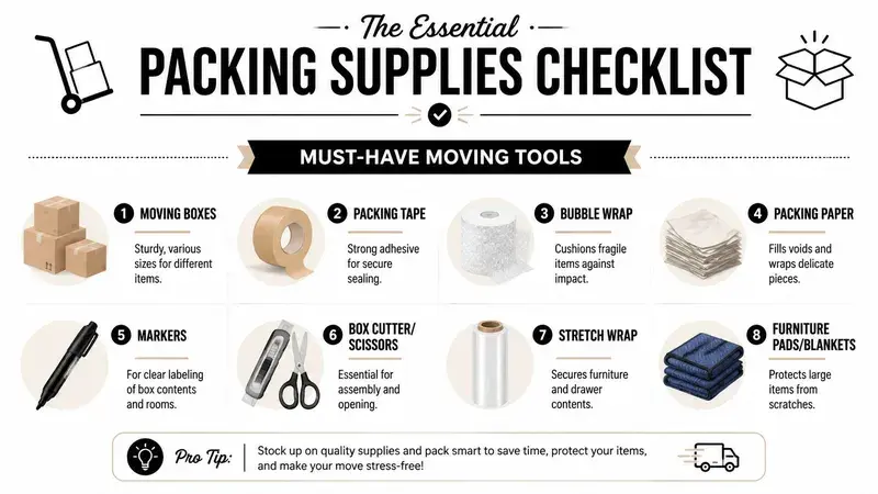An infographic checklist showing the eight essential packing supplies needed for an organized and stress-free move.