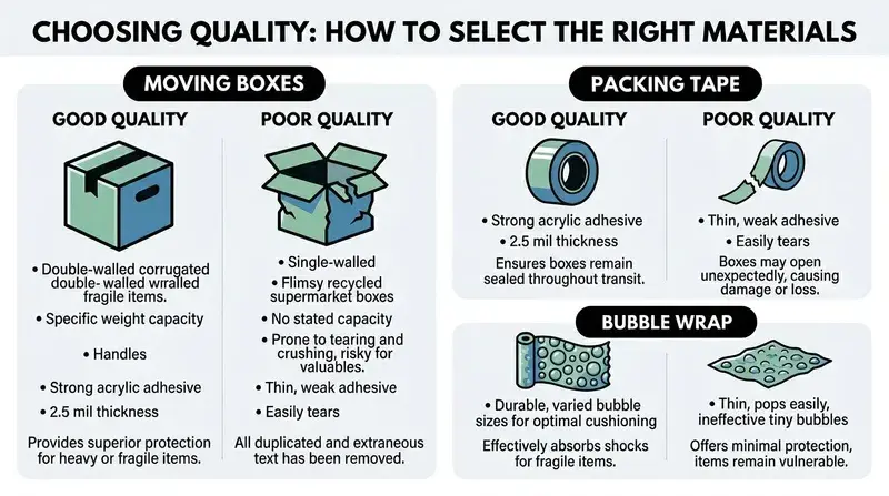 An infographic comparing good and poor quality packing supplies including moving boxes, packing tape, and bubble wrap.