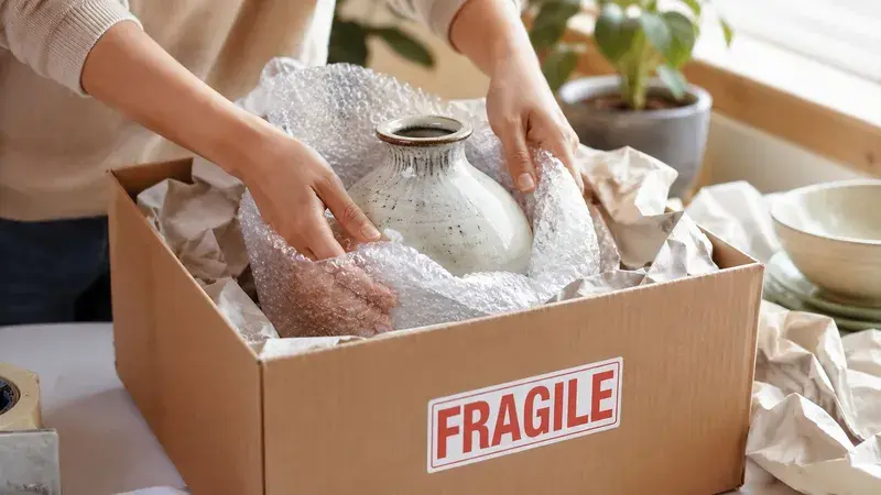 A person carefully packing a ceramic vase into a cardboard box with bubble wrap and paper packaging.