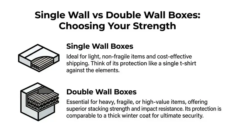 A comparison graphic showing the differences between single wall and double wall cardboard shipping boxes.