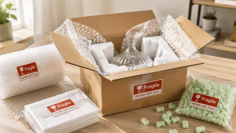 A cardboard shipping box containing a glass vase with protective foam and bubble wrap packaging materials on a table.