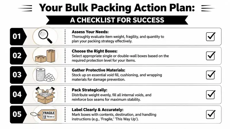 A checklist of five steps for packing items in bulk for safe shipping and moving.
