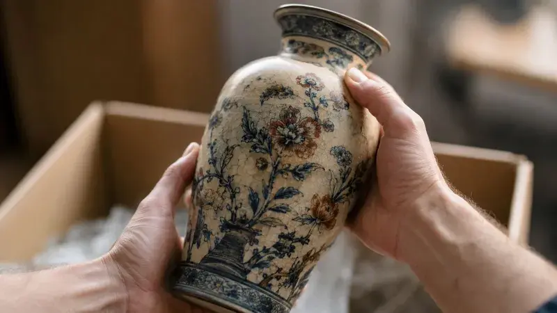 A person carefully holding a decorative floral ceramic vase over a box filled with protective packing material.