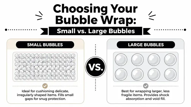 An infographic comparing small bubbles versus large bubbles for choosing the right type of bubble wrap.