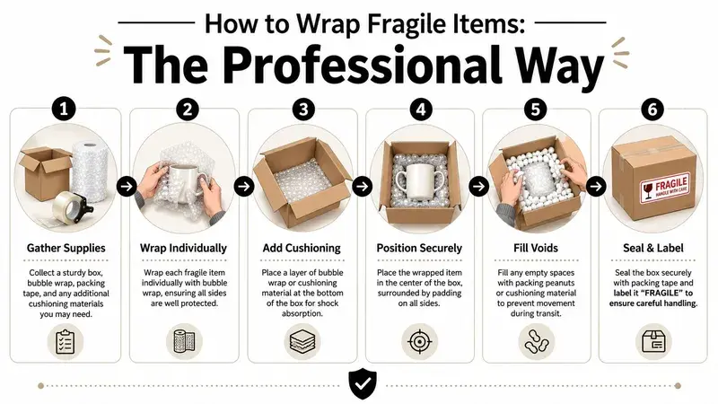 A six-step infographic guide illustrating the professional way to wrap and pack fragile items for shipping.
