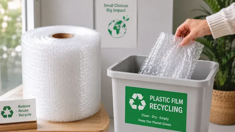 A hand places bubble wrap into a recycling bin specifically designated for plastic film recycling.