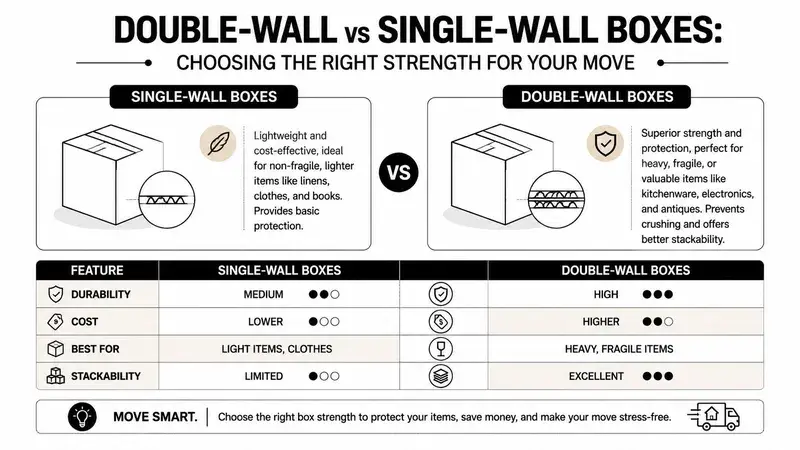 A comparison chart explaining the differences between single-wall and double-wall moving boxes regarding durability, cost, and usage.