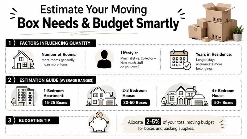 An infographic titled Estimate Your Moving Box Needs & Budget Smartly showing estimation ranges for various housing sizes.