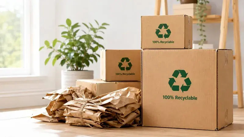A stack of sustainable cardboard moving boxes with recycle symbols and brown paper packaging on a floor.