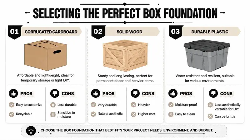 A comparison guide for selecting box foundations using corrugated cardboard, solid wood, and durable plastic containers.