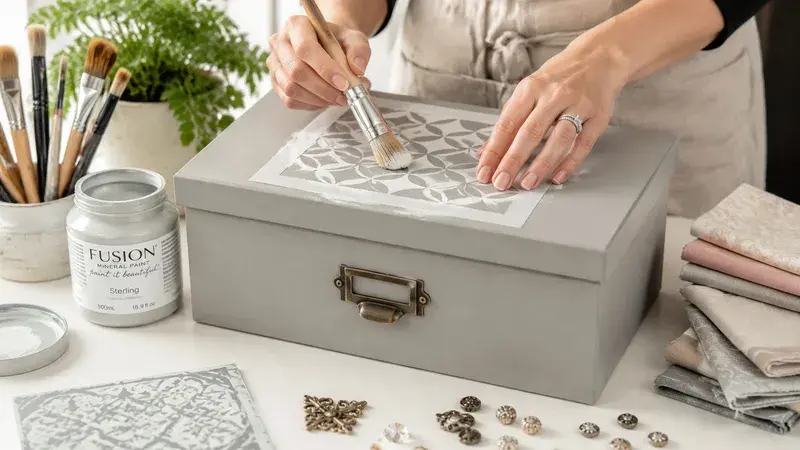 A person stencil painting a design on a grey wooden decorative storage box on a table.