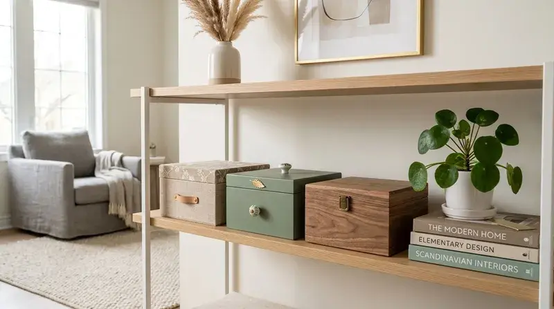 A modern shelving unit featuring decorative storage boxes, a potted Pilea plant, and stacked interior design books.