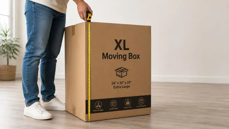 A person measuring a large cardboard moving box with a yellow tape measure in a bright room.
