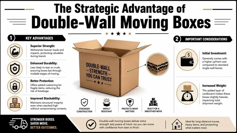 An infographic detailing the benefits and considerations of using double-wall moving boxes for relocation needs.