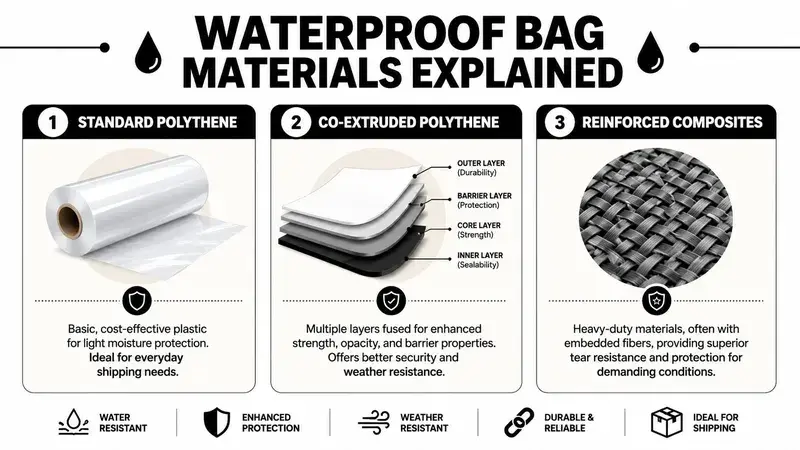 An infographic illustrating three common types of waterproof bag materials used for shipping and protection.