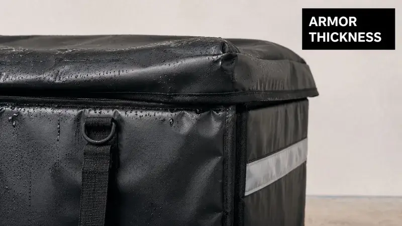 A close-up view of a black waterproof courier bag showing its durable material and protective corner design.