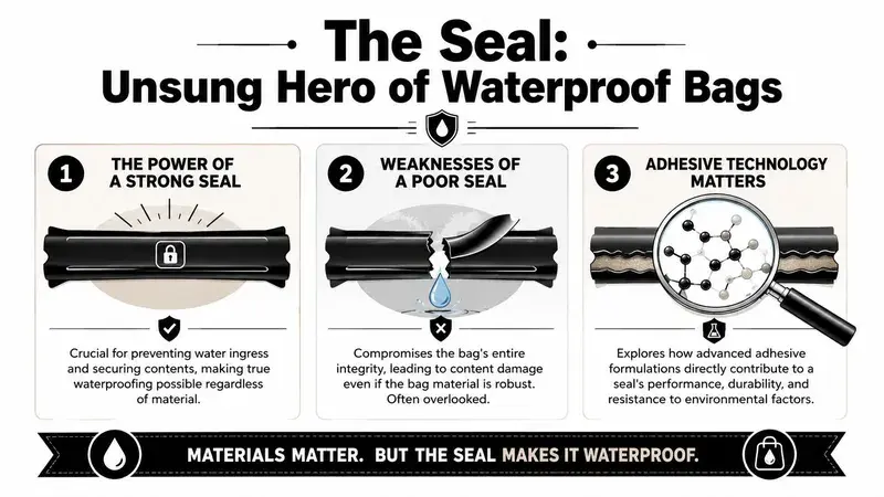 An infographic titled The Seal explaining why high quality seals are crucial for waterproof courier bags performance.
