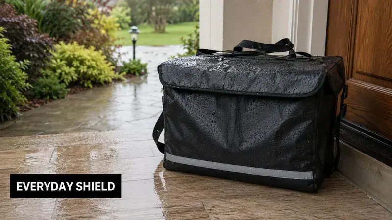 A black, waterproof courier bag sitting on a wet outdoor porch during a rainy day.