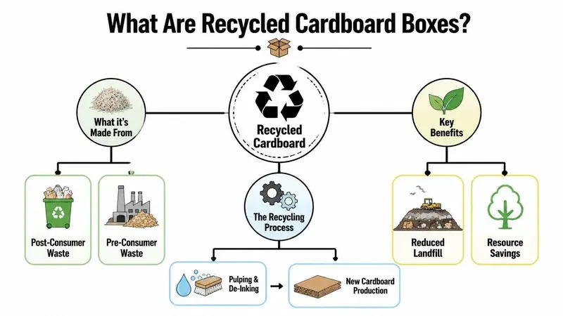 A flowchart infographic explaining the materials, recycling process, and environmental benefits of recycled cardboard boxes.