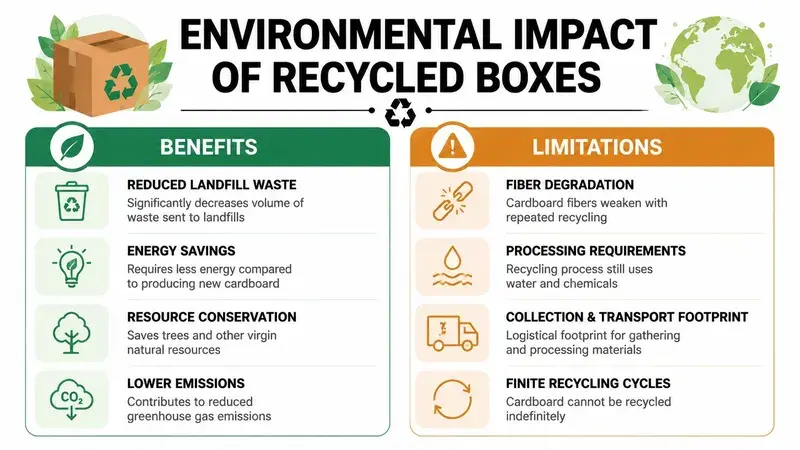 An infographic showing the environmental benefits and limitations of using recycled cardboard boxes for shipping.