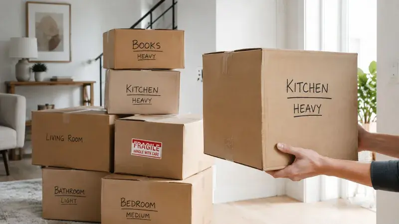 A person holding a large cardboard box labeled Kitchen Heavy near a stack of moving boxes.