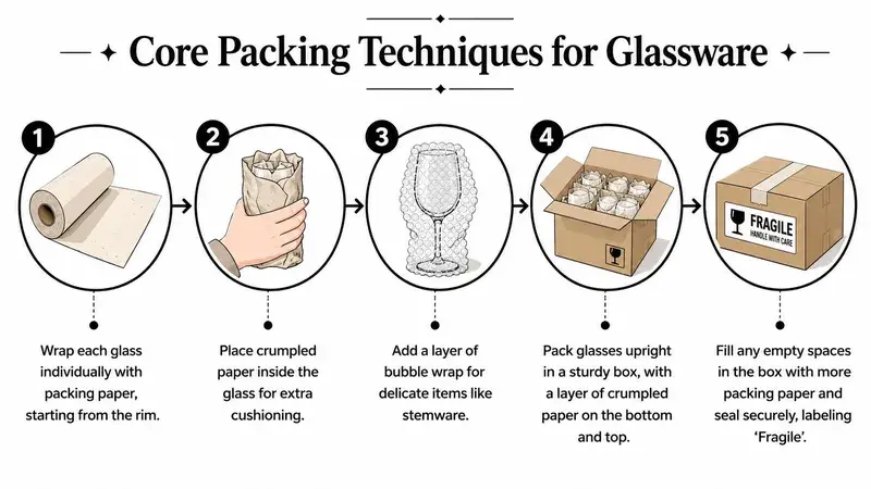 A five-step infographic showing how to securely pack glassware for moving using paper and bubble wrap.