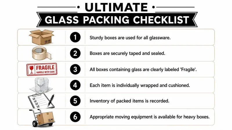A checklist infographic titled Ultimate Glass Packing Checklist illustrating six essential steps for safely packing glassware for moving.