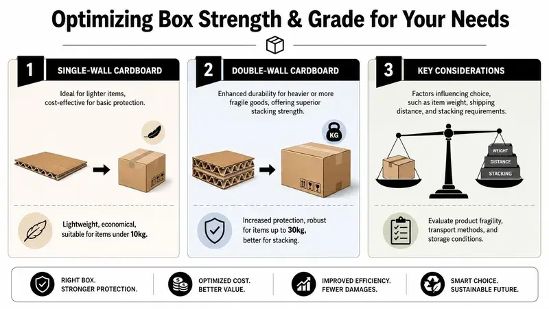 An infographic comparing single-wall and double-wall cardboard boxes for shipping strength, weight, and key considerations.