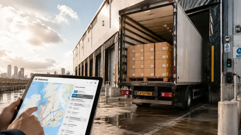 A person holding a digital tablet displaying UK delivery routes in front of a loading truck.