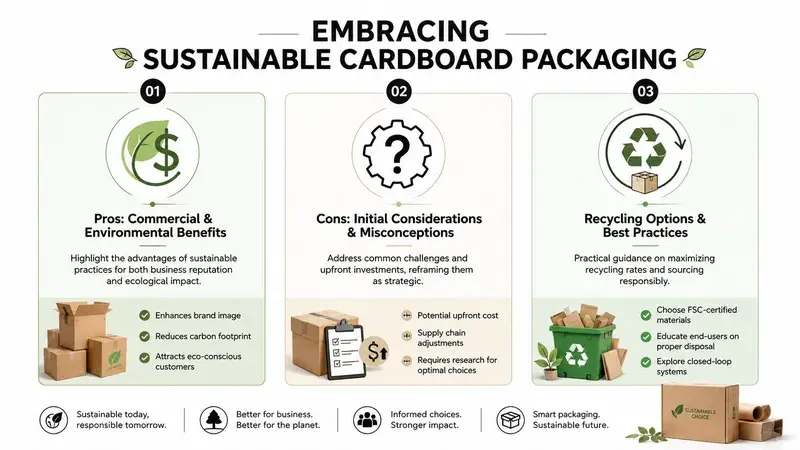 An infographic detailing the commercial and environmental benefits, challenges, and best practices of using sustainable cardboard packaging.