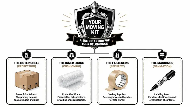 A diagram illustrating essential moving kit supplies, categorized as protective shell, inner lining, fasteners, and labeling tools.
