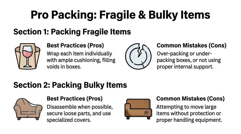 A professional infographic outlining packing tips for fragile and bulky items to ensure safe transport.