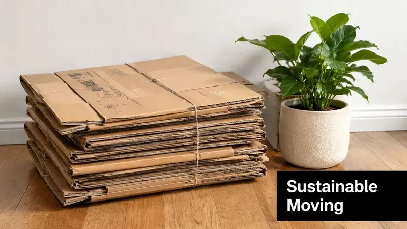 A stack of folded cardboard moving boxes tied with twine next to a potted green plant.