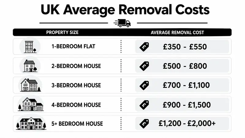 A chart detailing the average cost of house removals in the UK based on property size.