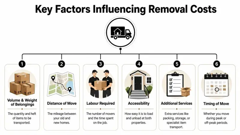 An infographic illustrating six key factors that influence the cost of professional house removal services.