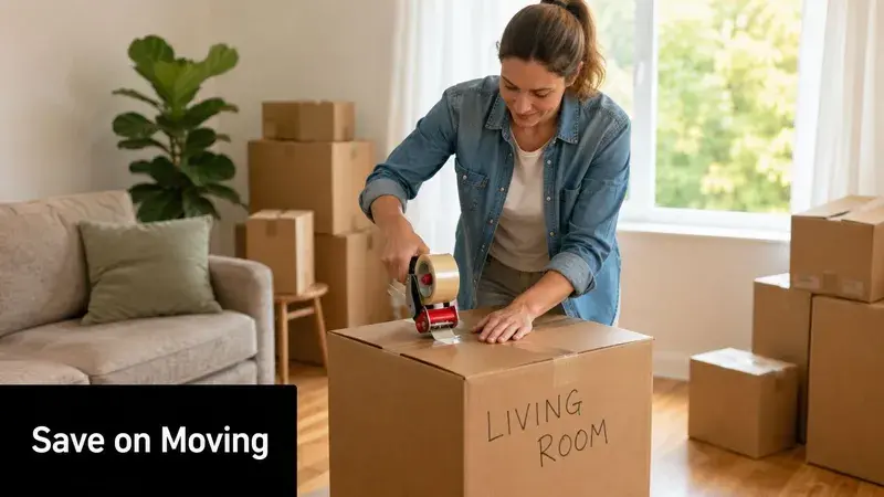 A woman taping a cardboard box labeled Living Room while packing for a move in her home.