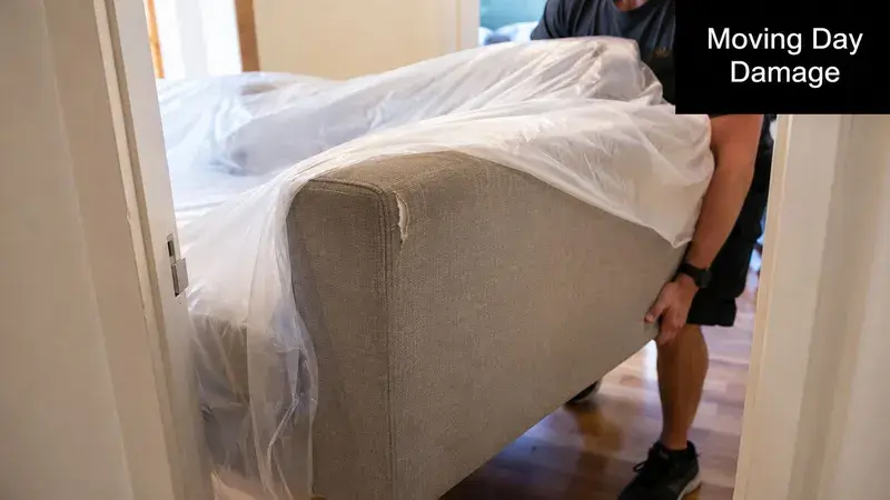 A mover carries a grey sofa protected by plastic wrap that shows a small rip on its corner.