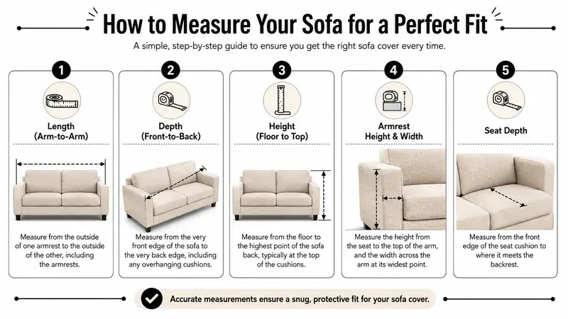 A guide illustrating five essential steps to accurately measure a sofa for choosing the correct slipcover.