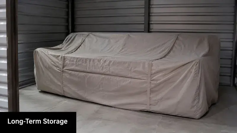 A sofa protected by a beige fabric cover inside a metal storage unit for long-term storage.