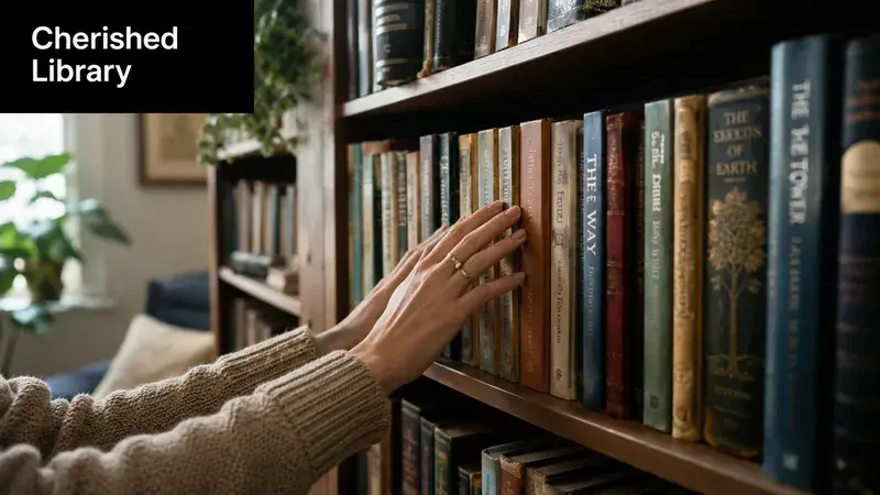 A person selecting a vintage book from a well-organized wooden library shelf in a cozy home.