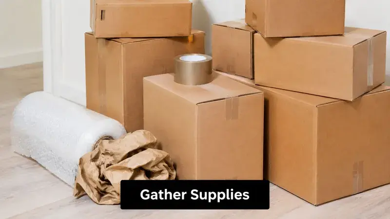 A collection of cardboard moving boxes, a roll of bubble wrap, and packing tape on a wooden floor.