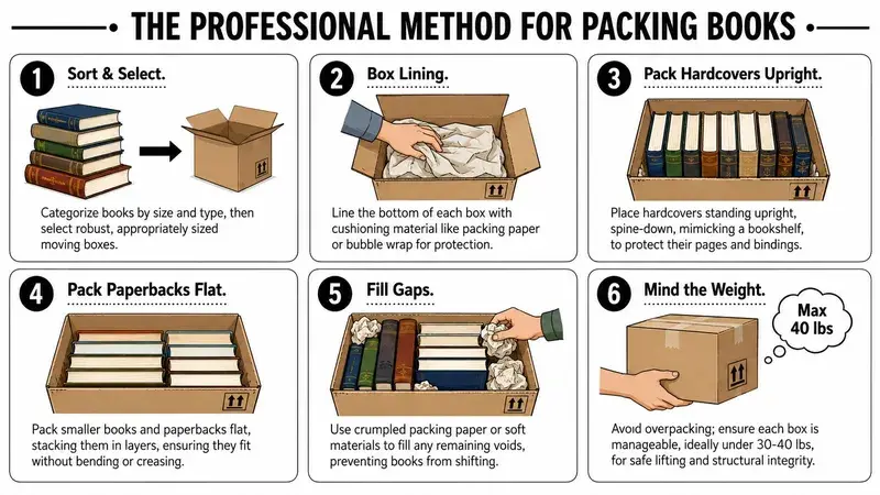 An infographic showing the professional six-step method for efficiently and safely packing books for moving.