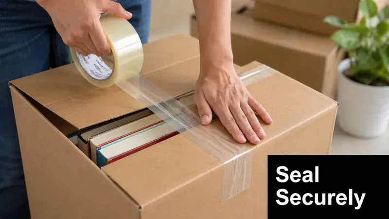 A person uses clear packing tape to seal a cardboard moving box filled with books.